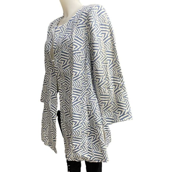 3 SISTERS BLUE ARROW AZTEC PRINT OPEN FRONT BLAZER / COAT 100% LINEN SZ L NEW! - Picture 4 of 12